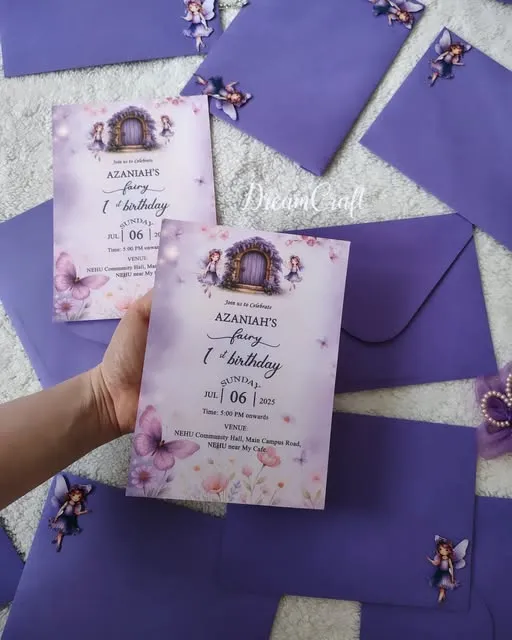 Purple fairy themed first birthday invitations
