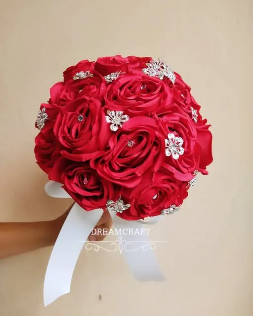 Red rose bouquet with crystal brooches