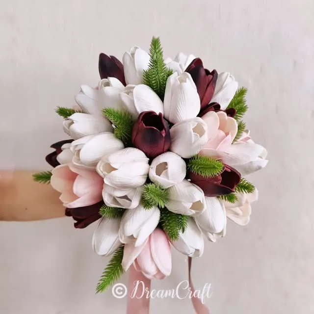 White and burgundy tulip bridal bouquet